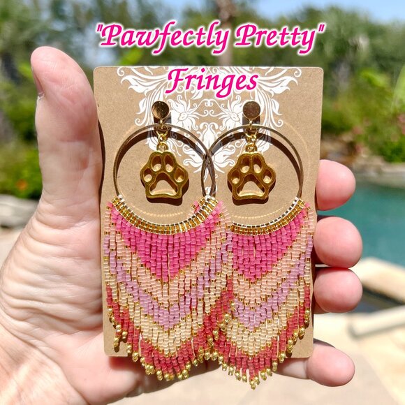 Handmade Beaded Long Fringe Paw Love Dangle Drop Lightweight Post Hoop Earrings - Picture 9 of 9